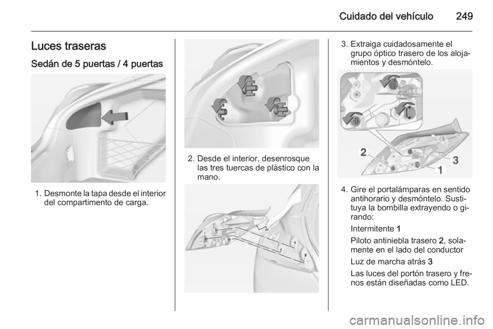 OPEL INSIGNIA 2014.5 Manual de Instrucciones (in Spanish) Cuidado del vehículo249Luces traserasSedán de 5 puertas / 4 puertas
1. Desmonte la tapa desde el interior
del compartimento de carga.
2. Desde el interior, desenrosque las tres tuercas de plástico OPEL INSIGNIA 2014.5 Manual de Instrucciones (in Spanish) Cuidado del vehículo249Luces traserasSedán de 5 puertas / 4 puertas
1. Desmonte la tapa desde el interior
del compartimento de carga.
2. Desde el interior, desenrosque las tres tuercas de plástico