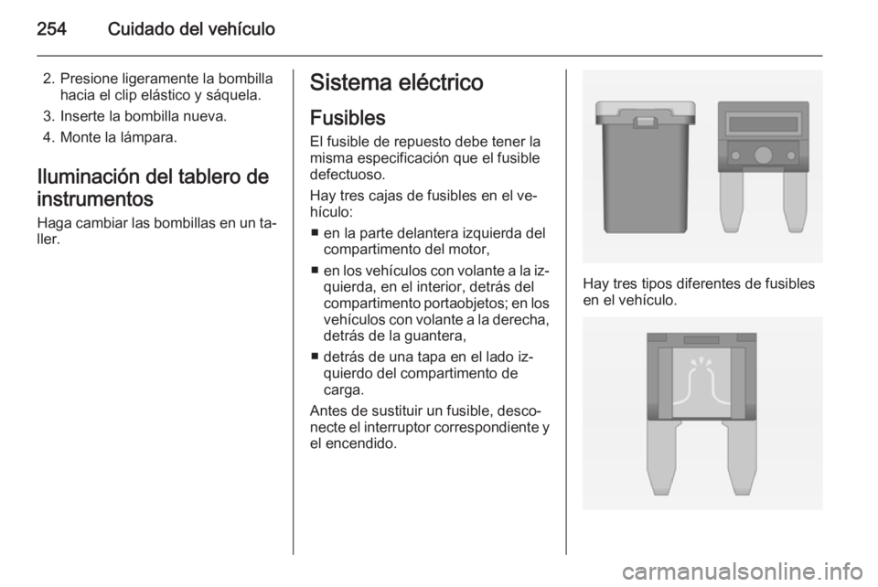 OPEL INSIGNIA 2014.5 Manual de Instrucciones (in Spanish) 254Cuidado del vehículo
2. Presione ligeramente la bombillahacia el clip elástico y sáquela.
3. Inserte la bombilla nueva.
4. Monte la lámpara.
Iluminación del tablero de
instrumentos
Haga cambia OPEL INSIGNIA 2014.5 Manual de Instrucciones (in Spanish) 254Cuidado del vehículo
2. Presione ligeramente la bombillahacia el clip elástico y sáquela.
3. Inserte la bombilla nueva.
4. Monte la lámpara.
Iluminación del tablero de
instrumentos
Haga cambia