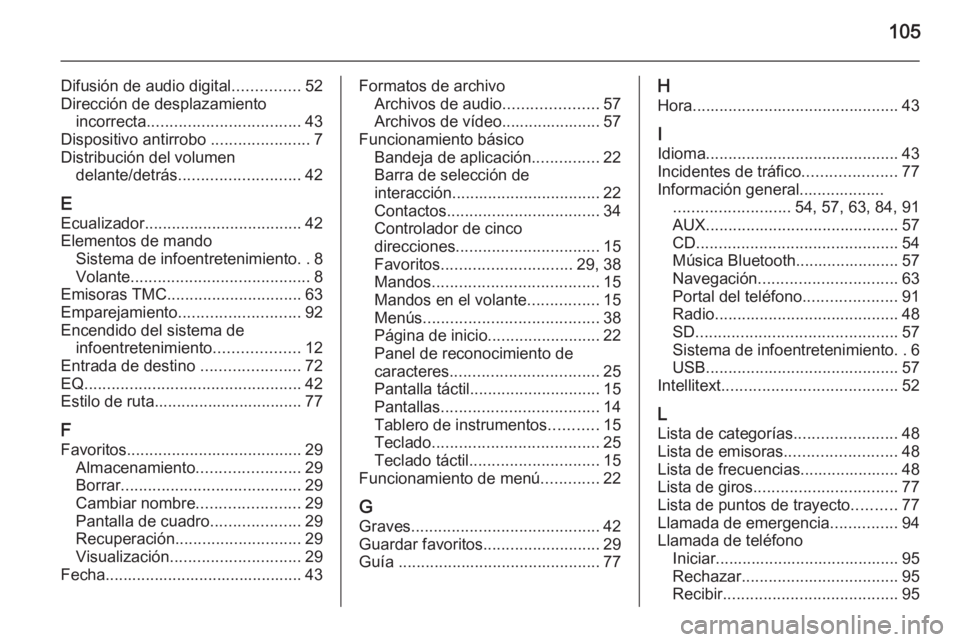 OPEL INSIGNIA 2015  Manual de infoentretenimiento (in Spanish) 105
Difusión de audio digital...............52
Dirección de desplazamiento incorrecta .................................. 43
Dispositivo antirrobo  ......................7
Distribución del volumen d