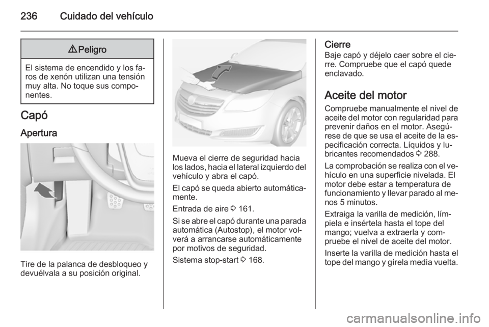 OPEL INSIGNIA 2015 Manual de Instrucciones (in Spanish) 236Cuidado del vehículo9Peligro
El sistema de encendido y los fa‐
ros de xenón utilizan una tensión
muy alta. No toque sus compo‐
nentes.
Capó
Apertura
Tire de la palanca de desbloqueo y
devu OPEL INSIGNIA 2015 Manual de Instrucciones (in Spanish) 236Cuidado del vehículo9Peligro
El sistema de encendido y los fa‐
ros de xenón utilizan una tensión
muy alta. No toque sus compo‐
nentes.
Capó
Apertura
Tire de la palanca de desbloqueo y
devu