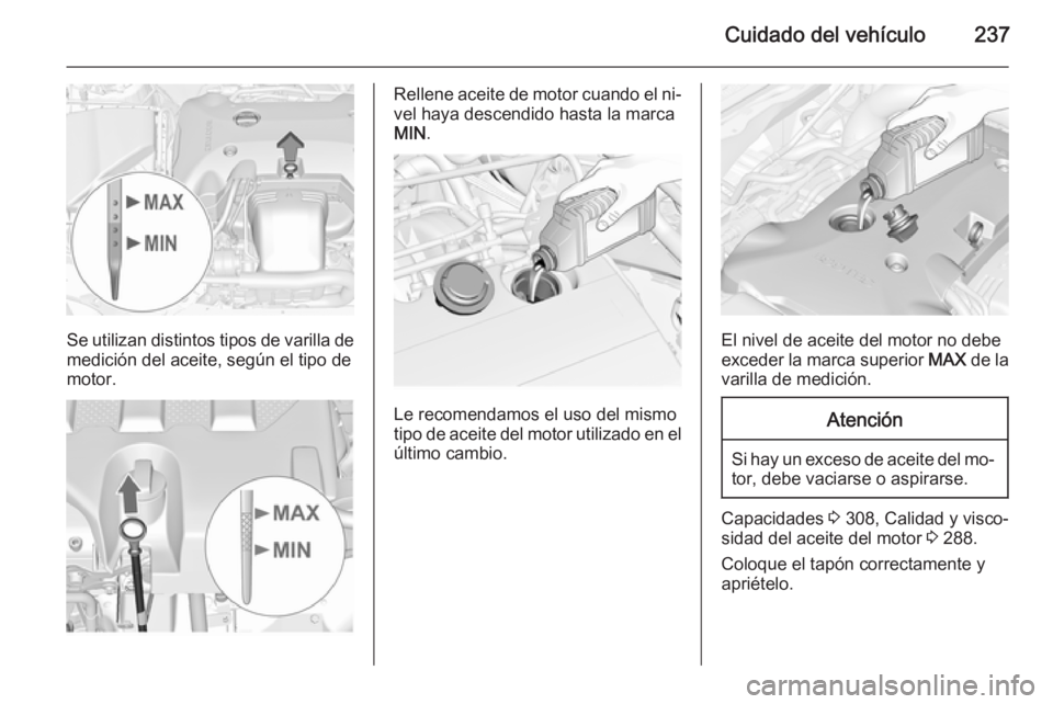 OPEL INSIGNIA 2015 Manual de Instrucciones (in Spanish) Cuidado del vehículo237
Se utilizan distintos tipos de varilla de
medición del aceite, según el tipo de
motor.
Rellene aceite de motor cuando el ni‐ vel haya descendido hasta la marca
MIN .
Le re OPEL INSIGNIA 2015 Manual de Instrucciones (in Spanish) Cuidado del vehículo237
Se utilizan distintos tipos de varilla de
medición del aceite, según el tipo de
motor.
Rellene aceite de motor cuando el ni‐ vel haya descendido hasta la marca
MIN .
Le re
