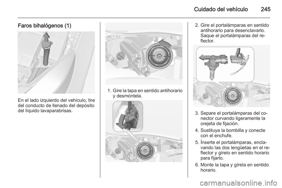 OPEL INSIGNIA 2015 Manual de Instrucciones (in Spanish) Cuidado del vehículo245
Faros bihalógenos (1)
En el lado izquierdo del vehículo, tire
del conducto de llenado del depósito
del líquido lavaparabrisas.
1. Gire la tapa en sentido antihorario
y des OPEL INSIGNIA 2015 Manual de Instrucciones (in Spanish) Cuidado del vehículo245
Faros bihalógenos (1)
En el lado izquierdo del vehículo, tire
del conducto de llenado del depósito
del líquido lavaparabrisas.
1. Gire la tapa en sentido antihorario
y des