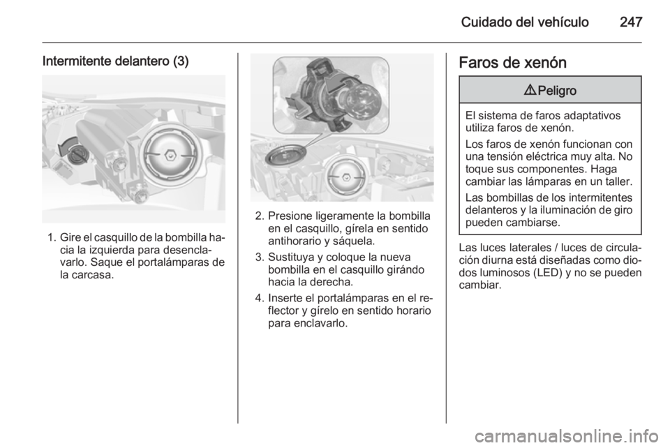 OPEL INSIGNIA 2015 Manual de Instrucciones (in Spanish) Cuidado del vehículo247
Intermitente delantero (3)
1.Gire el casquillo de la bombilla ha‐
cia la izquierda para desencla‐
varlo. Saque el portalámparas de
la carcasa.
2. Presione ligeramente la OPEL INSIGNIA 2015 Manual de Instrucciones (in Spanish) Cuidado del vehículo247
Intermitente delantero (3)
1.Gire el casquillo de la bombilla ha‐
cia la izquierda para desencla‐
varlo. Saque el portalámparas de
la carcasa.
2. Presione ligeramente la