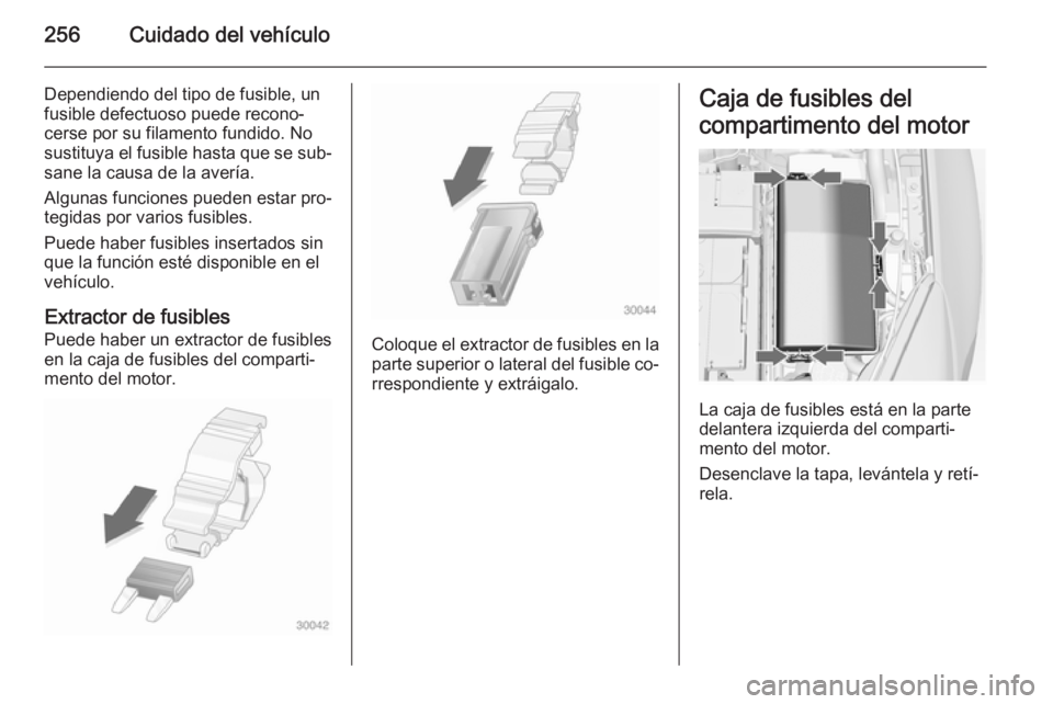 OPEL INSIGNIA 2015 Manual de Instrucciones (in Spanish) 256Cuidado del vehículo
Dependiendo del tipo de fusible, un
fusible defectuoso puede recono‐
cerse por su filamento fundido. No
sustituya el fusible hasta que se sub‐
sane la causa de la avería. OPEL INSIGNIA 2015 Manual de Instrucciones (in Spanish) 256Cuidado del vehículo
Dependiendo del tipo de fusible, un
fusible defectuoso puede recono‐
cerse por su filamento fundido. No
sustituya el fusible hasta que se sub‐
sane la causa de la avería.