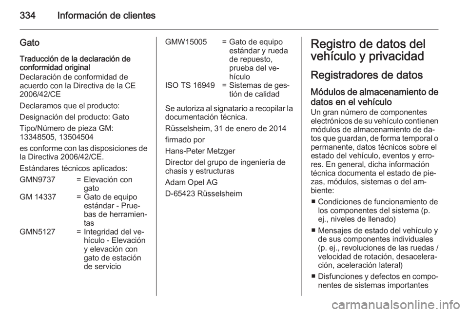 OPEL INSIGNIA 2015 Manual de Instrucciones (in Spanish) 334Información de clientes
GatoTraducción de la declaración de
conformidad original
Declaración de conformidad de
acuerdo con la Directiva de la CE
2006/42/CE
Declaramos que el producto:
Designaci OPEL INSIGNIA 2015 Manual de Instrucciones (in Spanish) 334Información de clientes
GatoTraducción de la declaración de
conformidad original
Declaración de conformidad de
acuerdo con la Directiva de la CE
2006/42/CE
Declaramos que el producto:
Designaci