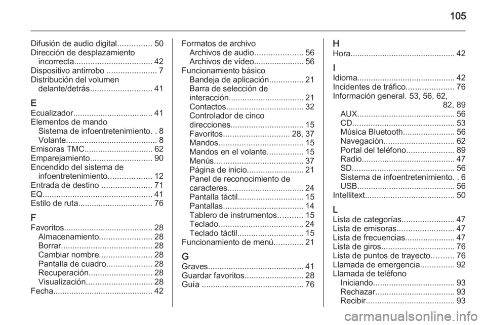 OPEL INSIGNIA 2015.5  Manual de infoentretenimiento (in Spanish) 105
Difusión de audio digital...............50
Dirección de desplazamiento incorrecta .................................. 42
Dispositivo antirrobo  ......................7
Distribución del volumen d