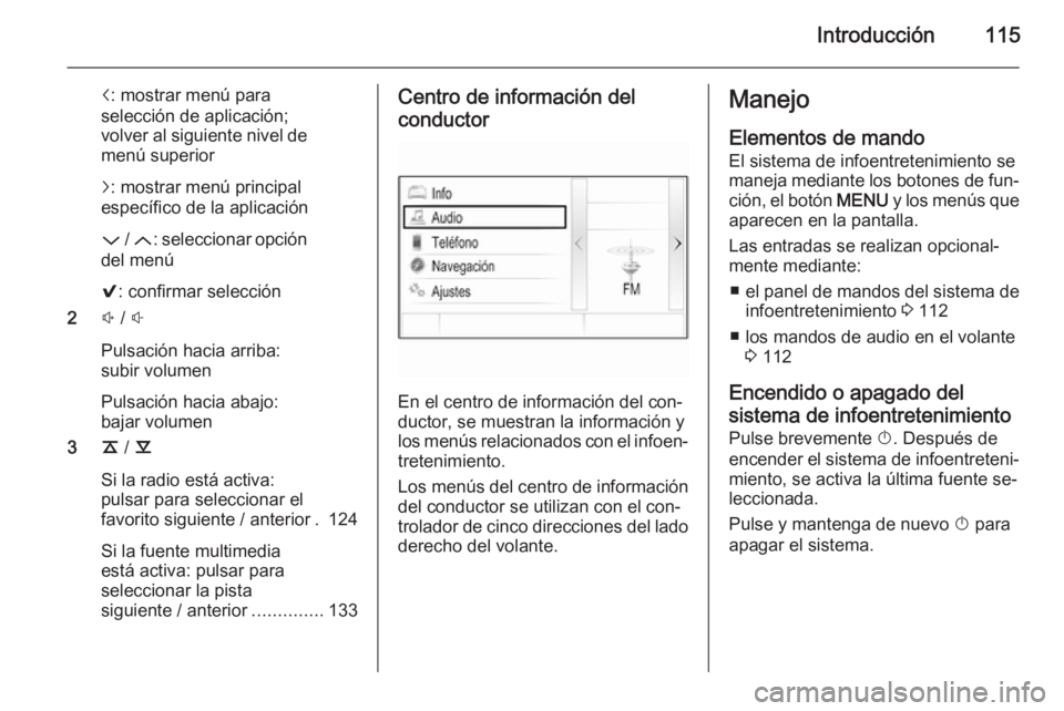 OPEL INSIGNIA 2015.5  Manual de infoentretenimiento (in Spanish) Introducción115
i: mostrar menú para
selección de aplicación;
volver al siguiente nivel de
menú superior
j : mostrar menú principal
específico de la aplicación
P  / Q : seleccionar opción
del