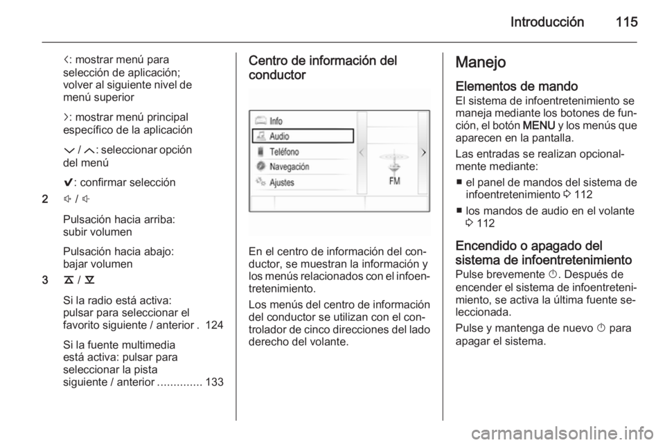 OPEL INSIGNIA 2015.5 Manual de infoentretenimiento (in Spanish) Introducción115
i: mostrar menú para
selección de aplicación;
volver al siguiente nivel de
menú superior
j : mostrar menú principal
específico de la aplicación
P / Q : seleccionar opción
del OPEL INSIGNIA 2015.5 Manual de infoentretenimiento (in Spanish) Introducción115
i: mostrar menú para
selección de aplicación;
volver al siguiente nivel de
menú superior
j : mostrar menú principal
específico de la aplicación
P / Q : seleccionar opción
del