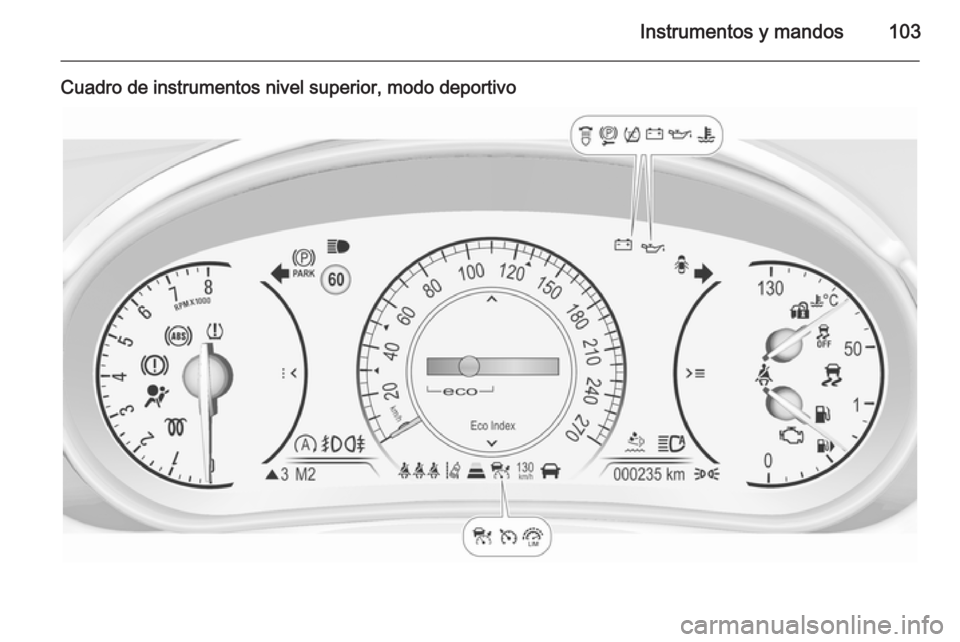 OPEL INSIGNIA 2015.5  Manual de Instrucciones (in Spanish) Instrumentos y mandos103
Cuadro de instrumentos nivel superior, modo deportivo 