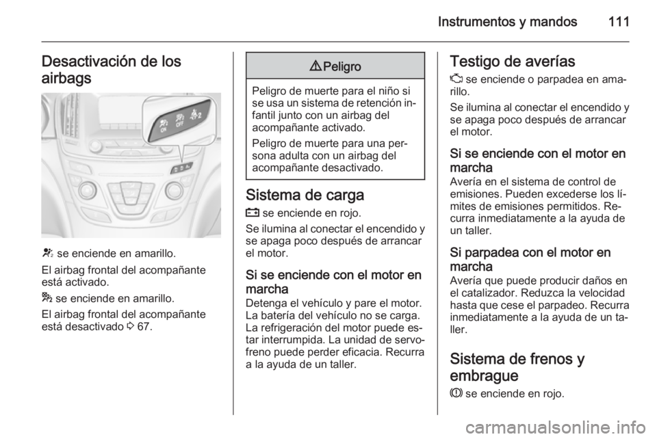 OPEL INSIGNIA 2015.5 Manual de Instrucciones (in Spanish) Instrumentos y mandos111Desactivación de los
airbags
V se enciende en amarillo.
El airbag frontal del acompañante
está activado.
* se enciende en amarillo.
El airbag frontal del acompañante
est OPEL INSIGNIA 2015.5 Manual de Instrucciones (in Spanish) Instrumentos y mandos111Desactivación de los
airbags
V se enciende en amarillo.
El airbag frontal del acompañante
está activado.
* se enciende en amarillo.
El airbag frontal del acompañante
est