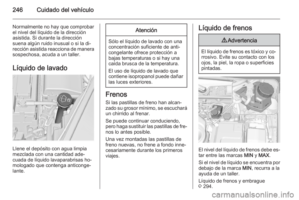 OPEL INSIGNIA 2015.5 Manual de Instrucciones (in Spanish) 246Cuidado del vehículo
Normalmente no hay que comprobar
el nivel del líquido de la dirección
asistida. Si durante la dirección
suena algún ruido inusual o si la di‐
rección asistida reacciona OPEL INSIGNIA 2015.5 Manual de Instrucciones (in Spanish) 246Cuidado del vehículo
Normalmente no hay que comprobar
el nivel del líquido de la dirección
asistida. Si durante la dirección
suena algún ruido inusual o si la di‐
rección asistida reacciona