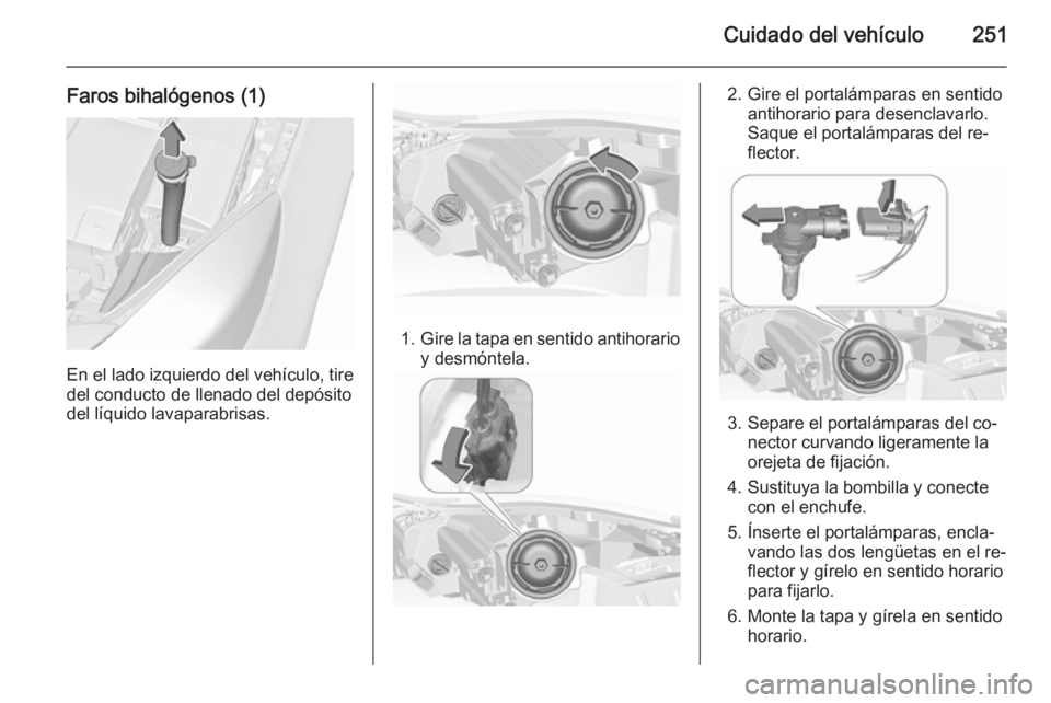 OPEL INSIGNIA 2015.5 Manual de Instrucciones (in Spanish) Cuidado del vehículo251
Faros bihalógenos (1)
En el lado izquierdo del vehículo, tire
del conducto de llenado del depósito
del líquido lavaparabrisas.
1. Gire la tapa en sentido antihorario
y des OPEL INSIGNIA 2015.5 Manual de Instrucciones (in Spanish) Cuidado del vehículo251
Faros bihalógenos (1)
En el lado izquierdo del vehículo, tire
del conducto de llenado del depósito
del líquido lavaparabrisas.
1. Gire la tapa en sentido antihorario
y des