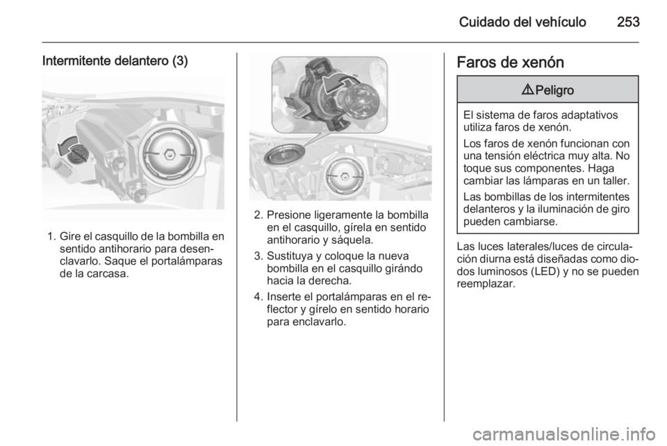 OPEL INSIGNIA 2015.5 Manual de Instrucciones (in Spanish) Cuidado del vehículo253
Intermitente delantero (3)
1.Gire el casquillo de la bombilla en
sentido antihorario para desen‐
clavarlo. Saque el portalámparas
de la carcasa.
2. Presione ligeramente la OPEL INSIGNIA 2015.5 Manual de Instrucciones (in Spanish) Cuidado del vehículo253
Intermitente delantero (3)
1.Gire el casquillo de la bombilla en
sentido antihorario para desen‐
clavarlo. Saque el portalámparas
de la carcasa.
2. Presione ligeramente la
