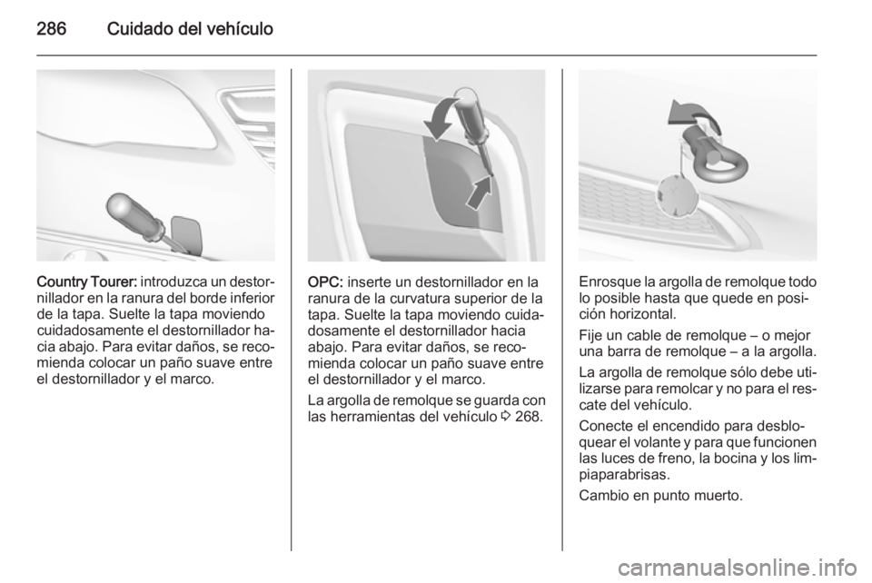 OPEL INSIGNIA 2015.5  Manual de Instrucciones (in Spanish) 286Cuidado del vehículo
Country Tourer: introduzca un destor‐
nillador en la ranura del borde inferior de la tapa. Suelte la tapa moviendo
cuidadosamente el destornillador ha‐
cia abajo. Para evi