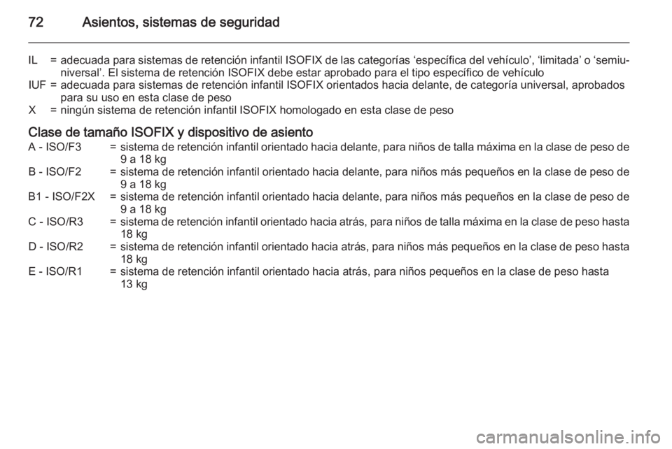 OPEL INSIGNIA 2015.5 Manual de Instrucciones (in Spanish) 72Asientos, sistemas de seguridad
IL=adecuada para sistemas de retención infantil ISOFIX de las categorías ‘específica del vehículo’, ‘limitada’ o ‘semiu‐
niversal’. El sistema de re OPEL INSIGNIA 2015.5 Manual de Instrucciones (in Spanish) 72Asientos, sistemas de seguridad
IL=adecuada para sistemas de retención infantil ISOFIX de las categorías ‘específica del vehículo’, ‘limitada’ o ‘semiu‐
niversal’. El sistema de re