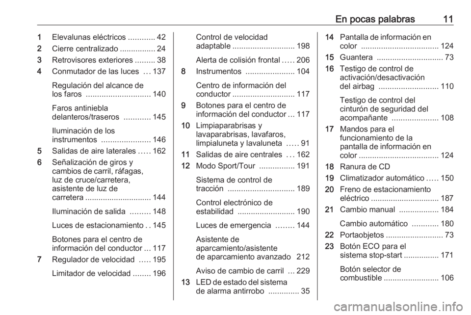 OPEL INSIGNIA 2016 Manual de Instrucciones (in Spanish) En pocas palabras111Elevalunas eléctricos ............42
2 Cierre centralizado ................24
3 Retrovisores exteriores .........38
4 Conmutador de las luces ...137
Regulación del alcance de lo OPEL INSIGNIA 2016 Manual de Instrucciones (in Spanish) En pocas palabras111Elevalunas eléctricos ............42
2 Cierre centralizado ................24
3 Retrovisores exteriores .........38
4 Conmutador de las luces ...137
Regulación del alcance de lo