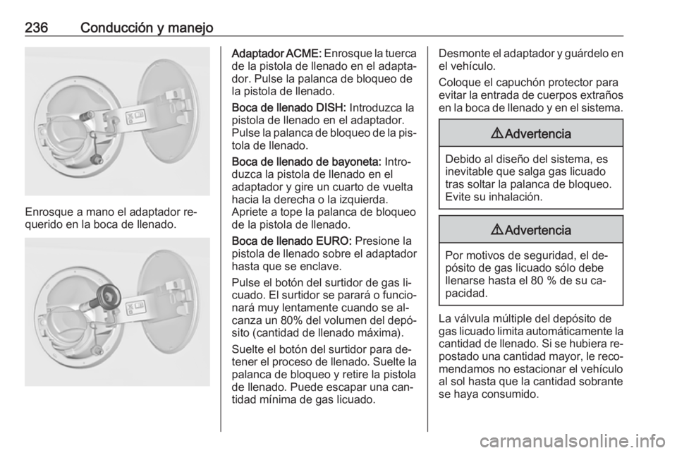 OPEL INSIGNIA 2016 Manual de Instrucciones (in Spanish) 236Conducción y manejo
Enrosque a mano el adaptador re‐
querido en la boca de llenado.
Adaptador ACME: Enrosque la tuerca
de la pistola de llenado en el adapta‐ dor. Pulse la palanca de bloqueo OPEL INSIGNIA 2016 Manual de Instrucciones (in Spanish) 236Conducción y manejo
Enrosque a mano el adaptador re‐
querido en la boca de llenado.
Adaptador ACME: Enrosque la tuerca
de la pistola de llenado en el adapta‐ dor. Pulse la palanca de bloqueo