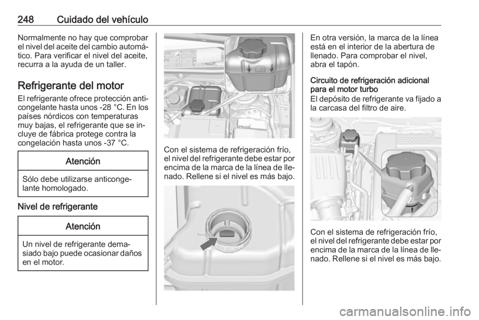 OPEL INSIGNIA 2016 Manual de Instrucciones (in Spanish) 248Cuidado del vehículoNormalmente no hay que comprobar
el nivel del aceite del cambio automá‐
tico. Para verificar el nivel del aceite,
recurra a la ayuda de un taller.
Refrigerante del motor
El OPEL INSIGNIA 2016 Manual de Instrucciones (in Spanish) 248Cuidado del vehículoNormalmente no hay que comprobar
el nivel del aceite del cambio automá‐
tico. Para verificar el nivel del aceite,
recurra a la ayuda de un taller.
Refrigerante del motor
El