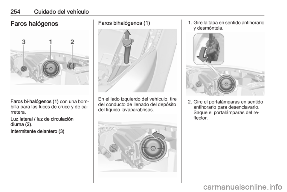 OPEL INSIGNIA 2016 Manual de Instrucciones (in Spanish) 254Cuidado del vehículoFaros halógenos
Faros bi-halógenos (1) con una bom‐
billa para las luces de cruce y de ca‐
rretera.
Luz lateral / luz de circulación
diurna (2) .
Intermitente delantero OPEL INSIGNIA 2016 Manual de Instrucciones (in Spanish) 254Cuidado del vehículoFaros halógenos
Faros bi-halógenos (1) con una bom‐
billa para las luces de cruce y de ca‐
rretera.
Luz lateral / luz de circulación
diurna (2) .
Intermitente delantero