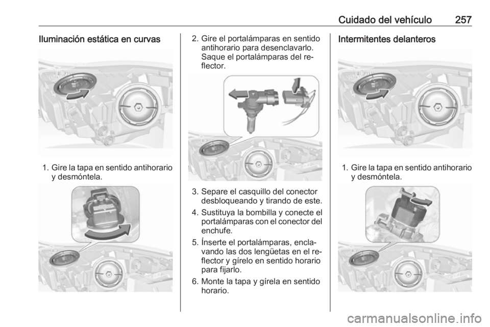 OPEL INSIGNIA 2016 Manual de Instrucciones (in Spanish) Cuidado del vehículo257Iluminación estática en curvas
1.Gire la tapa en sentido antihorario
y desmóntela.
2. Gire el portalámparas en sentido antihorario para desenclavarlo.
Saque el portalámpar OPEL INSIGNIA 2016 Manual de Instrucciones (in Spanish) Cuidado del vehículo257Iluminación estática en curvas
1.Gire la tapa en sentido antihorario
y desmóntela.
2. Gire el portalámparas en sentido antihorario para desenclavarlo.
Saque el portalámpar