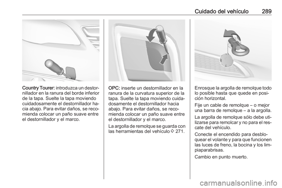 OPEL INSIGNIA 2016 Manual de Instrucciones (in Spanish) Cuidado del vehículo289
Country Tourer: introduzca un destor‐
nillador en la ranura del borde inferior de la tapa. Suelte la tapa moviendo
cuidadosamente el destornillador ha‐
cia abajo. Para evi OPEL INSIGNIA 2016 Manual de Instrucciones (in Spanish) Cuidado del vehículo289
Country Tourer: introduzca un destor‐
nillador en la ranura del borde inferior de la tapa. Suelte la tapa moviendo
cuidadosamente el destornillador ha‐
cia abajo. Para evi