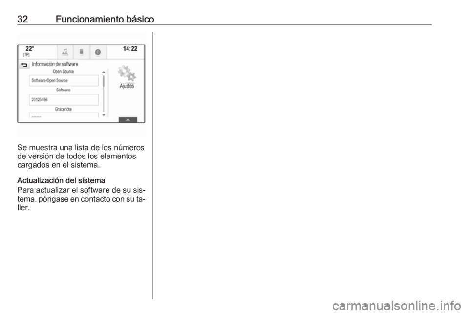 OPEL INSIGNIA 2016.5  Manual de infoentretenimiento (in Spanish) 32Funcionamiento básico
Se muestra una lista de los números
de versión de todos los elementos
cargados en el sistema.
Actualización del sistema
Para actualizar el software de su sis‐
tema, póng