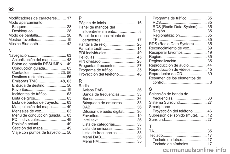 OPEL INSIGNIA 2016.5  Manual de infoentretenimiento (in Spanish) 92Modificadores de caracteres........17
Modo aparcamiento Bloqueo ..................................... 28
Desbloqueo ............................... 28
Modo de pantalla ..........................28
M