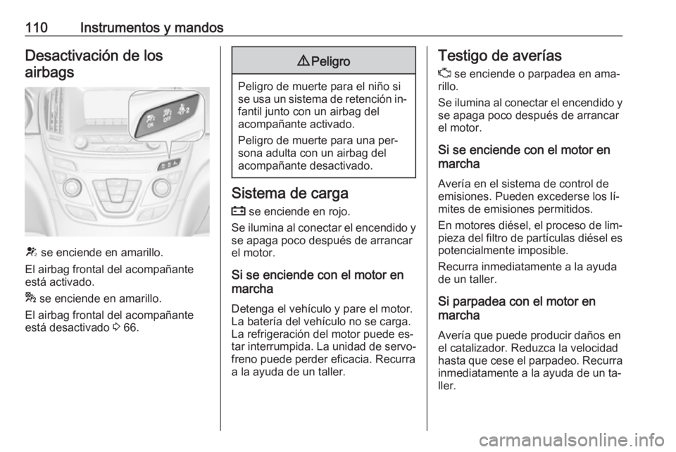 OPEL INSIGNIA 2016.5 Manual de Instrucciones (in Spanish) 110Instrumentos y mandosDesactivación de losairbags
V se enciende en amarillo.
El airbag frontal del acompañante
está activado.
* se enciende en amarillo.
El airbag frontal del acompañante
está OPEL INSIGNIA 2016.5 Manual de Instrucciones (in Spanish) 110Instrumentos y mandosDesactivación de losairbags
V se enciende en amarillo.
El airbag frontal del acompañante
está activado.
* se enciende en amarillo.
El airbag frontal del acompañante
está