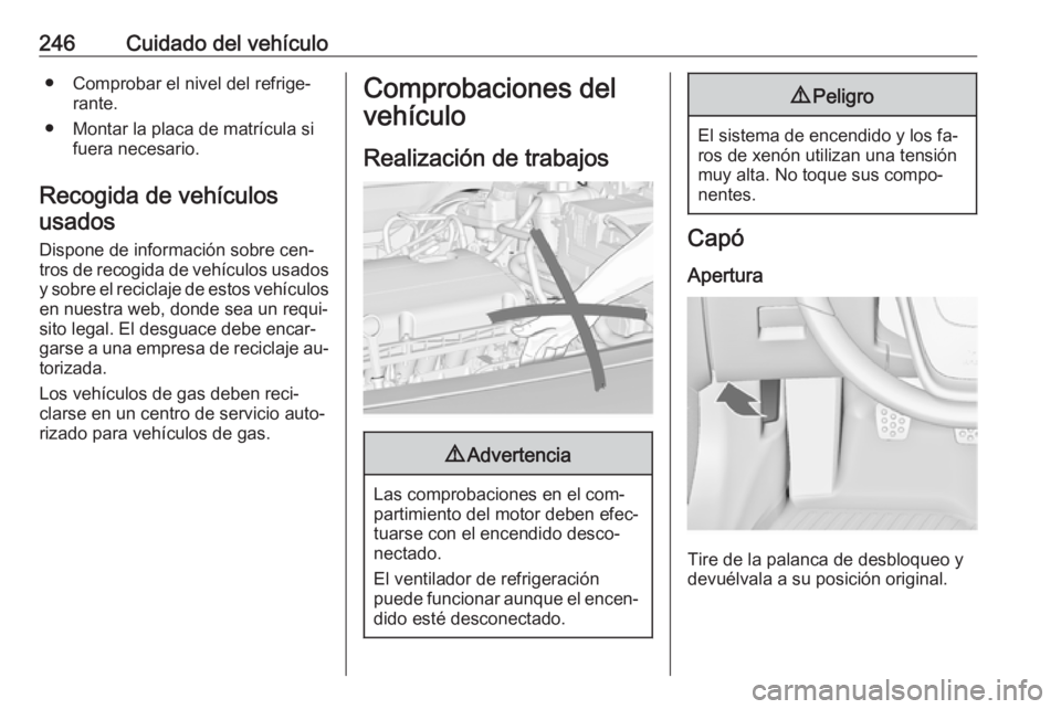 OPEL INSIGNIA 2016.5 Manual de Instrucciones (in Spanish) 246Cuidado del vehículo● Comprobar el nivel del refrige‐rante.
● Montar la placa de matrícula si fuera necesario.
Recogida de vehículos usados
Dispone de información sobre cen‐
tros de rec OPEL INSIGNIA 2016.5 Manual de Instrucciones (in Spanish) 246Cuidado del vehículo● Comprobar el nivel del refrige‐rante.
● Montar la placa de matrícula si fuera necesario.
Recogida de vehículos usados
Dispone de información sobre cen‐
tros de rec