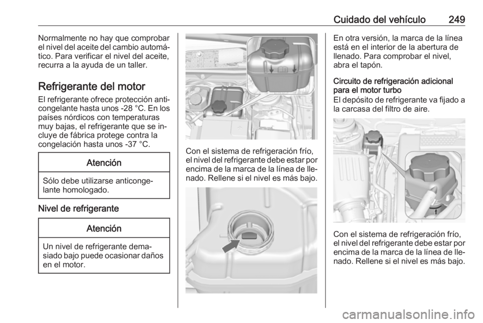 OPEL INSIGNIA 2016.5  Manual de Instrucciones (in Spanish) Cuidado del vehículo249Normalmente no hay que comprobar
el nivel del aceite del cambio automá‐
tico. Para verificar el nivel del aceite,
recurra a la ayuda de un taller.
Refrigerante del motor
El 