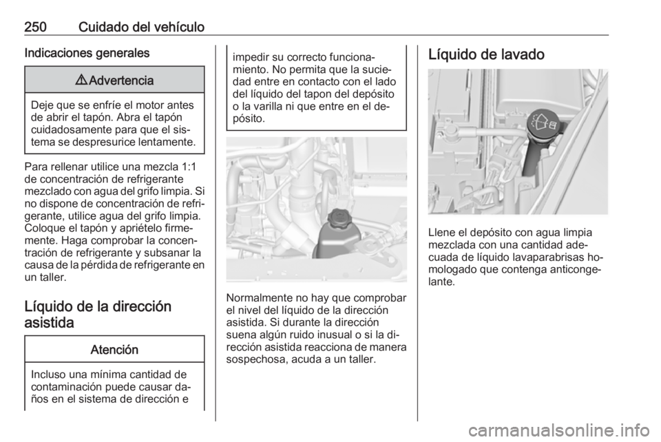 OPEL INSIGNIA 2016.5  Manual de Instrucciones (in Spanish) 250Cuidado del vehículoIndicaciones generales9Advertencia
Deje que se enfríe el motor antes
de abrir el tapón. Abra el tapón cuidadosamente para que el sis‐tema se despresurice lentamente.
Para 