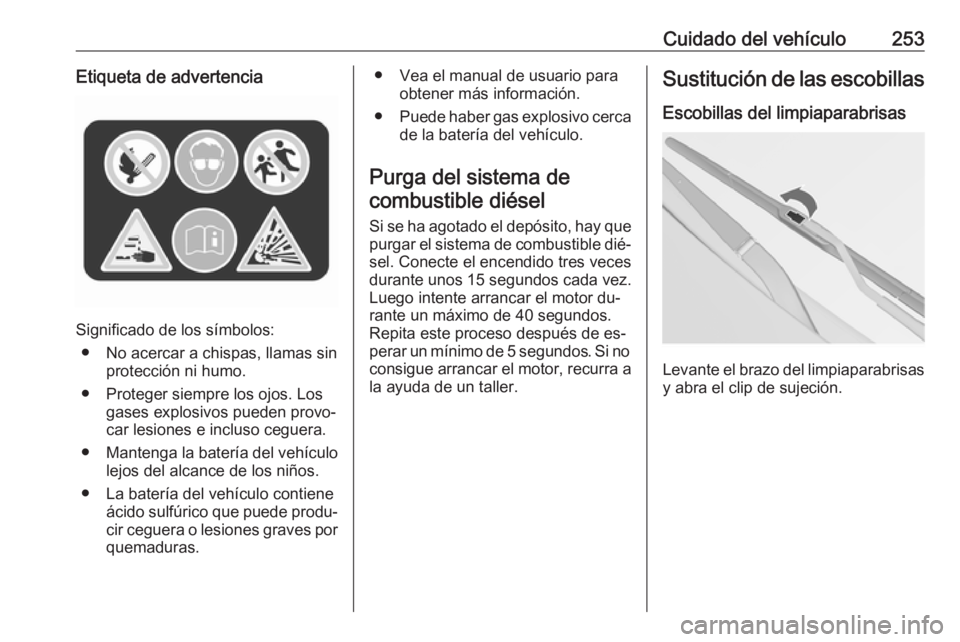 OPEL INSIGNIA 2016.5  Manual de Instrucciones (in Spanish) Cuidado del vehículo253Etiqueta de advertencia
Significado de los símbolos:● No acercar a chispas, llamas sin protección ni humo.
● Proteger siempre los ojos. Los gases explosivos pueden provo