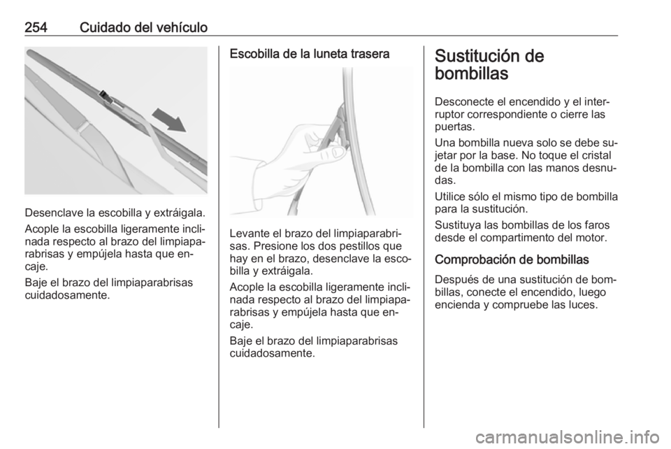 OPEL INSIGNIA 2016.5  Manual de Instrucciones (in Spanish) 254Cuidado del vehículo
Desenclave la escobilla y extráigala.
Acople la escobilla ligeramente incli‐
nada respecto al brazo del limpiapa‐
rabrisas y empújela hasta que en‐
caje.
Baje el brazo