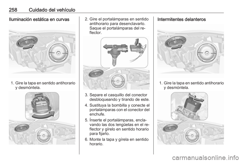 OPEL INSIGNIA 2016.5  Manual de Instrucciones (in Spanish) 258Cuidado del vehículoIluminación estática en curvas
1.Gire la tapa en sentido antihorario
y desmóntela.
2. Gire el portalámparas en sentido antihorario para desenclavarlo.
Saque el portalámpar
