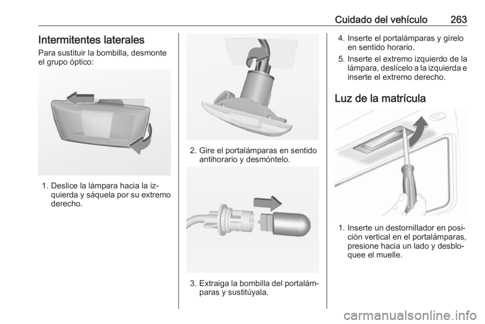 OPEL INSIGNIA 2016.5 Manual de Instrucciones (in Spanish) Cuidado del vehículo263Intermitentes laterales
Para sustituir la bombilla, desmonte
el grupo óptico:
1. Deslice la lámpara hacia la iz‐ quierda y sáquela por su extremo
derecho.
2. Gire el porta OPEL INSIGNIA 2016.5 Manual de Instrucciones (in Spanish) Cuidado del vehículo263Intermitentes laterales
Para sustituir la bombilla, desmonte
el grupo óptico:
1. Deslice la lámpara hacia la iz‐ quierda y sáquela por su extremo
derecho.
2. Gire el porta