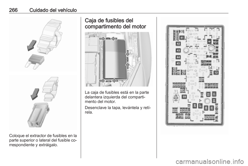 OPEL INSIGNIA 2016.5 Manual de Instrucciones (in Spanish) 266Cuidado del vehículo
Coloque el extractor de fusibles en la
parte superior o lateral del fusible co‐
rrespondiente y extráigalo.
Caja de fusibles del
compartimento del motor
La caja de fusibles OPEL INSIGNIA 2016.5 Manual de Instrucciones (in Spanish) 266Cuidado del vehículo
Coloque el extractor de fusibles en la
parte superior o lateral del fusible co‐
rrespondiente y extráigalo.
Caja de fusibles del
compartimento del motor
La caja de fusibles