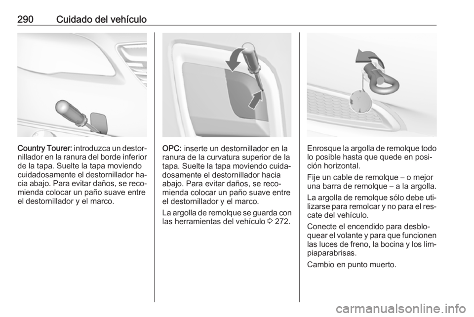 OPEL INSIGNIA 2016.5 Manual de Instrucciones (in Spanish) 290Cuidado del vehículo
Country Tourer: introduzca un destor‐
nillador en la ranura del borde inferior de la tapa. Suelte la tapa moviendo
cuidadosamente el destornillador ha‐
cia abajo. Para evi OPEL INSIGNIA 2016.5 Manual de Instrucciones (in Spanish) 290Cuidado del vehículo
Country Tourer: introduzca un destor‐
nillador en la ranura del borde inferior de la tapa. Suelte la tapa moviendo
cuidadosamente el destornillador ha‐
cia abajo. Para evi