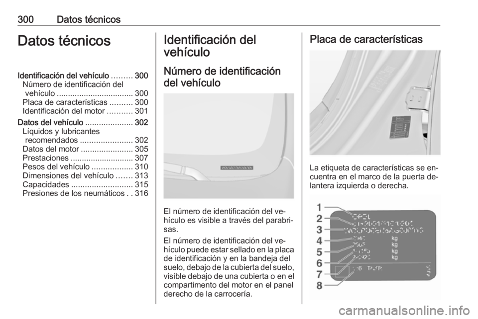 OPEL INSIGNIA 2016.5 Manual de Instrucciones (in Spanish) 300Datos técnicosDatos técnicosIdentificación del vehículo.........300
Número de identificación del vehículo .................................. 300
Placa de características ..........300
Ident OPEL INSIGNIA 2016.5 Manual de Instrucciones (in Spanish) 300Datos técnicosDatos técnicosIdentificación del vehículo.........300
Número de identificación del vehículo .................................. 300
Placa de características ..........300
Ident