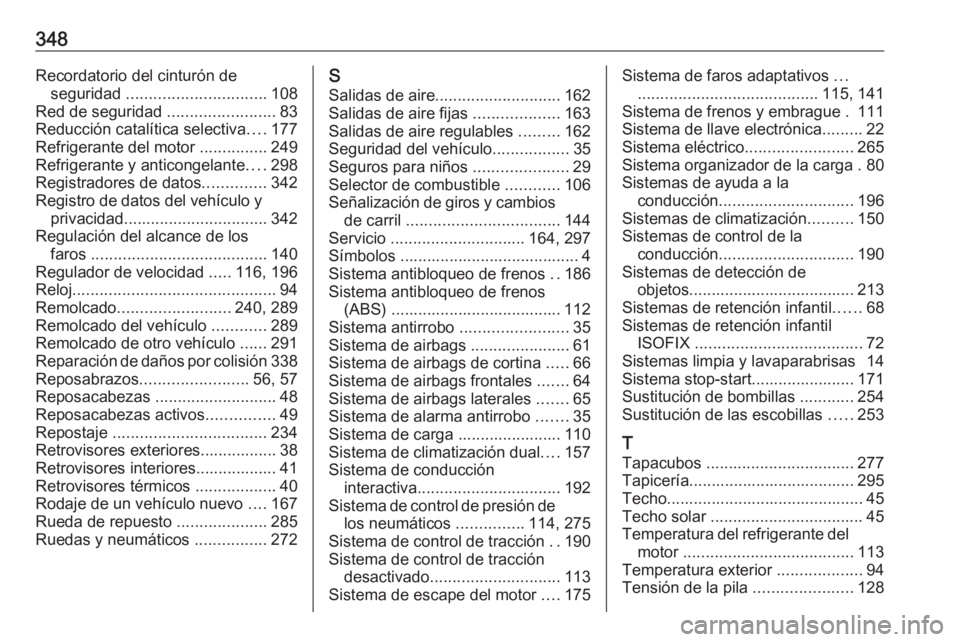 OPEL INSIGNIA 2016.5  Manual de Instrucciones (in Spanish) 348Recordatorio del cinturón deseguridad  ............................... 108
Red de seguridad  ........................83
Reducción catalítica selectiva ....177
Refrigerante del motor  ...........