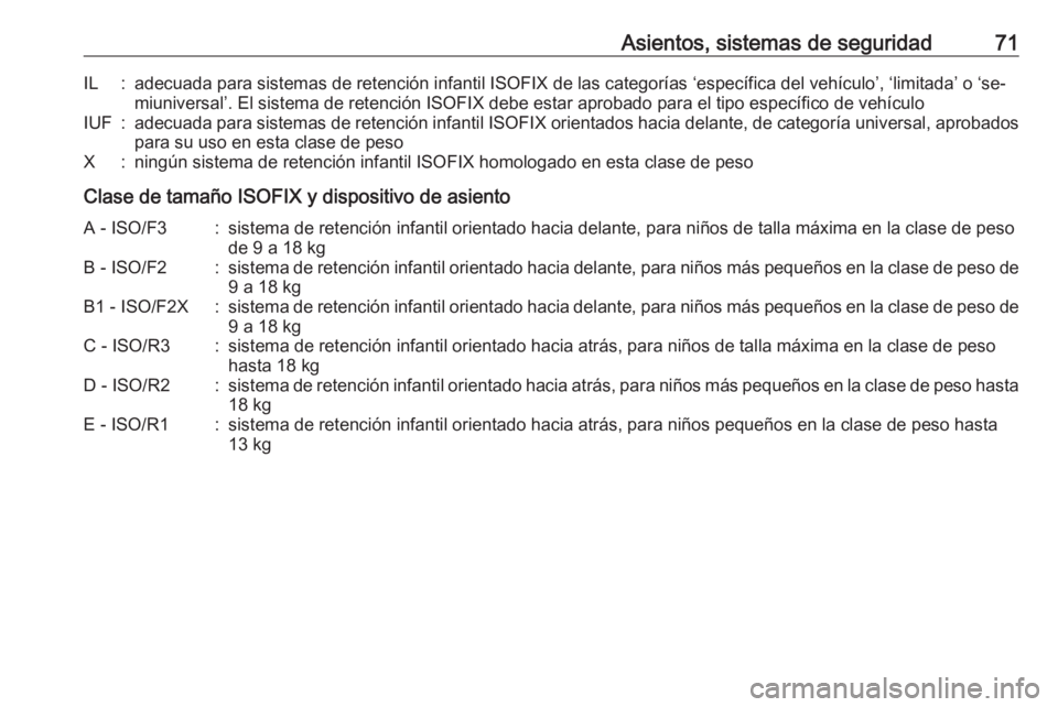 OPEL INSIGNIA 2016.5 Manual de Instrucciones (in Spanish) Asientos, sistemas de seguridad71IL:adecuada para sistemas de retención infantil ISOFIX de las categorías ‘específica del vehículo’, ‘limitada’ o ‘se‐miuniversal’. El sistema de rete OPEL INSIGNIA 2016.5 Manual de Instrucciones (in Spanish) Asientos, sistemas de seguridad71IL:adecuada para sistemas de retención infantil ISOFIX de las categorías ‘específica del vehículo’, ‘limitada’ o ‘se‐miuniversal’. El sistema de rete