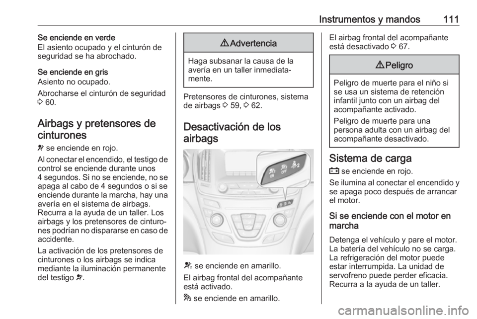 OPEL INSIGNIA 2017 Manual de Instrucciones (in Spanish) Instrumentos y mandos111Se enciende en verde
El asiento ocupado y el cinturón de seguridad se ha abrochado.
Se enciende en gris
Asiento no ocupado.
Abrocharse el cinturón de seguridad
3 60.
Airbags OPEL INSIGNIA 2017 Manual de Instrucciones (in Spanish) Instrumentos y mandos111Se enciende en verde
El asiento ocupado y el cinturón de seguridad se ha abrochado.
Se enciende en gris
Asiento no ocupado.
Abrocharse el cinturón de seguridad
3 60.
Airbags