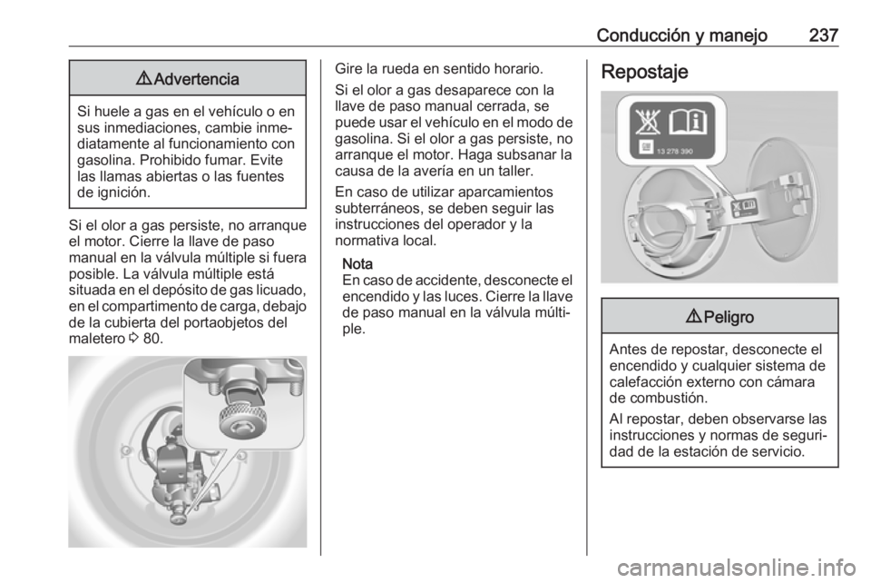 OPEL INSIGNIA 2017 Manual de Instrucciones (in Spanish) Conducción y manejo2379Advertencia
Si huele a gas en el vehículo o en
sus inmediaciones, cambie inme‐
diatamente al funcionamiento con
gasolina. Prohibido fumar. Evite las llamas abiertas o las fu OPEL INSIGNIA 2017 Manual de Instrucciones (in Spanish) Conducción y manejo2379Advertencia
Si huele a gas en el vehículo o en
sus inmediaciones, cambie inme‐
diatamente al funcionamiento con
gasolina. Prohibido fumar. Evite las llamas abiertas o las fu