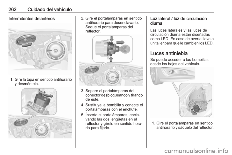 OPEL INSIGNIA 2017 Manual de Instrucciones (in Spanish) 262Cuidado del vehículoIntermitentes delanteros
1.Gire la tapa en sentido antihorario
y desmóntela.
2. Gire el portalámparas en sentido antihorario para desenclavarlo.
Saque el portalámparas del r OPEL INSIGNIA 2017 Manual de Instrucciones (in Spanish) 262Cuidado del vehículoIntermitentes delanteros
1.Gire la tapa en sentido antihorario
y desmóntela.
2. Gire el portalámparas en sentido antihorario para desenclavarlo.
Saque el portalámparas del r