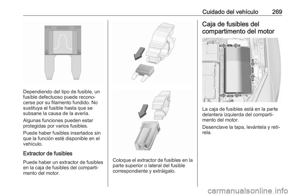 OPEL INSIGNIA 2017 Manual de Instrucciones (in Spanish) Cuidado del vehículo269
Dependiendo del tipo de fusible, un
fusible defectuoso puede recono‐
cerse por su filamento fundido. No sustituya el fusible hasta que se
subsane la causa de la avería.
Alg OPEL INSIGNIA 2017 Manual de Instrucciones (in Spanish) Cuidado del vehículo269
Dependiendo del tipo de fusible, un
fusible defectuoso puede recono‐
cerse por su filamento fundido. No sustituya el fusible hasta que se
subsane la causa de la avería.
Alg