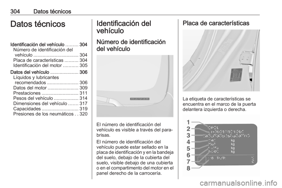 OPEL INSIGNIA 2017  Manual de Instrucciones (in Spanish) 304Datos técnicosDatos técnicosIdentificación del vehículo.........304
Número de identificación del vehículo .................................. 304
Placa de características ..........304
Ident OPEL INSIGNIA 2017  Manual de Instrucciones (in Spanish) 304Datos técnicosDatos técnicosIdentificación del vehículo.........304
Número de identificación del vehículo .................................. 304
Placa de características ..........304
Ident
