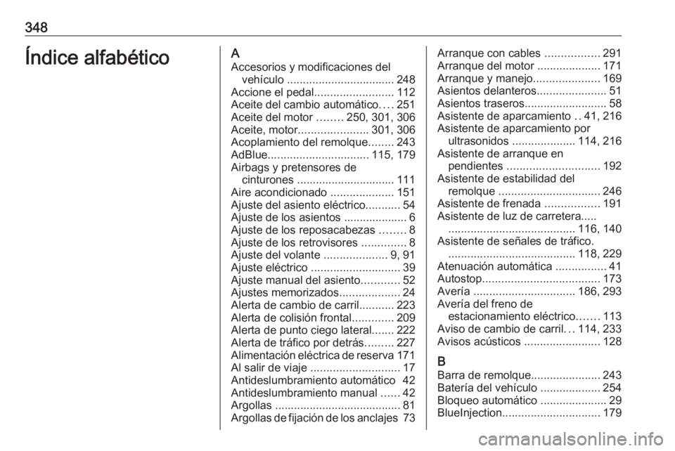 OPEL INSIGNIA 2017 Manual de Instrucciones (in Spanish) 348Índice alfabéticoAAccesorios y modificaciones del vehículo .................................. 248
Accione el pedal .........................112
Aceite del cambio automático ....251
Aceite del OPEL INSIGNIA 2017 Manual de Instrucciones (in Spanish) 348Índice alfabéticoAAccesorios y modificaciones del vehículo .................................. 248
Accione el pedal .........................112
Aceite del cambio automático ....251
Aceite del