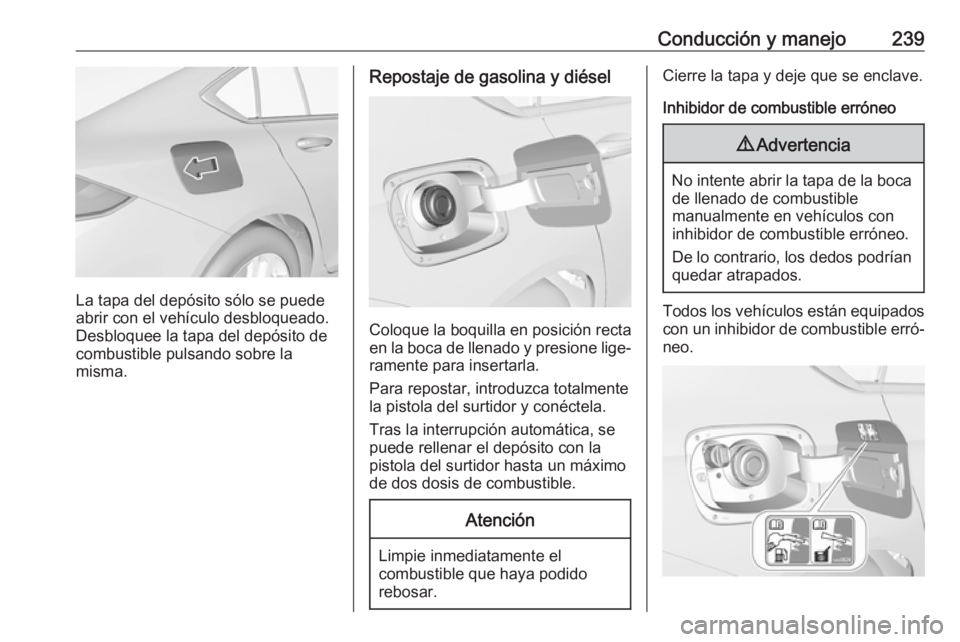 OPEL INSIGNIA BREAK 2017.5 Manual de Instrucciones (in Spanish) Conducción y manejo239
La tapa del depósito sólo se puede
abrir con el vehículo desbloqueado.
Desbloquee la tapa del depósito de
combustible pulsando sobre la
misma.
Repostaje de gasolina y diés OPEL INSIGNIA BREAK 2017.5 Manual de Instrucciones (in Spanish) Conducción y manejo239
La tapa del depósito sólo se puede
abrir con el vehículo desbloqueado.
Desbloquee la tapa del depósito de
combustible pulsando sobre la
misma.
Repostaje de gasolina y diés