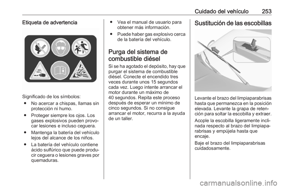 OPEL INSIGNIA BREAK 2017.5 Manual de Instrucciones (in Spanish) Cuidado del vehículo253Etiqueta de advertencia
Significado de los símbolos:● No acercar a chispas, llamas sin protección ni humo.
● Proteger siempre los ojos. Los gases explosivos pueden provo OPEL INSIGNIA BREAK 2017.5 Manual de Instrucciones (in Spanish) Cuidado del vehículo253Etiqueta de advertencia
Significado de los símbolos:● No acercar a chispas, llamas sin protección ni humo.
● Proteger siempre los ojos. Los gases explosivos pueden provo