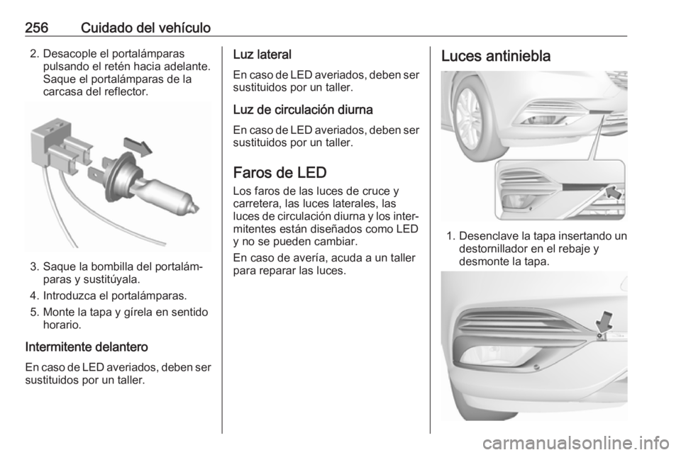OPEL INSIGNIA BREAK 2017.5 Manual de Instrucciones (in Spanish) 256Cuidado del vehículo2. Desacople el portalámparaspulsando el retén hacia adelante.
Saque el portalámparas de la
carcasa del reflector.
3. Saque la bombilla del portalám‐ paras y sustitúyala OPEL INSIGNIA BREAK 2017.5 Manual de Instrucciones (in Spanish) 256Cuidado del vehículo2. Desacople el portalámparaspulsando el retén hacia adelante.
Saque el portalámparas de la
carcasa del reflector.
3. Saque la bombilla del portalám‐ paras y sustitúyala