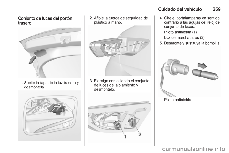 OPEL INSIGNIA BREAK 2017.5 Manual de Instrucciones (in Spanish) Cuidado del vehículo259Conjunto de luces del portón
trasero
1. Suelte la tapa de la luz trasera y desmóntela.
2. Afloje la tuerca de seguridad deplástico a mano.
3. Extraiga con cuidado el conjunt OPEL INSIGNIA BREAK 2017.5 Manual de Instrucciones (in Spanish) Cuidado del vehículo259Conjunto de luces del portón
trasero
1. Suelte la tapa de la luz trasera y desmóntela.
2. Afloje la tuerca de seguridad deplástico a mano.
3. Extraiga con cuidado el conjunt